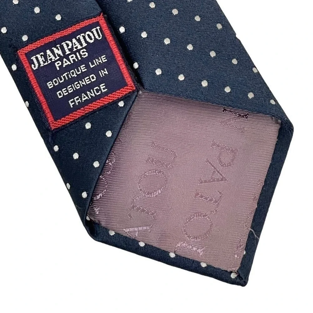 Jean Patou Necktie Mens One Size Navy Blue Polka Dot Silk France Dapper